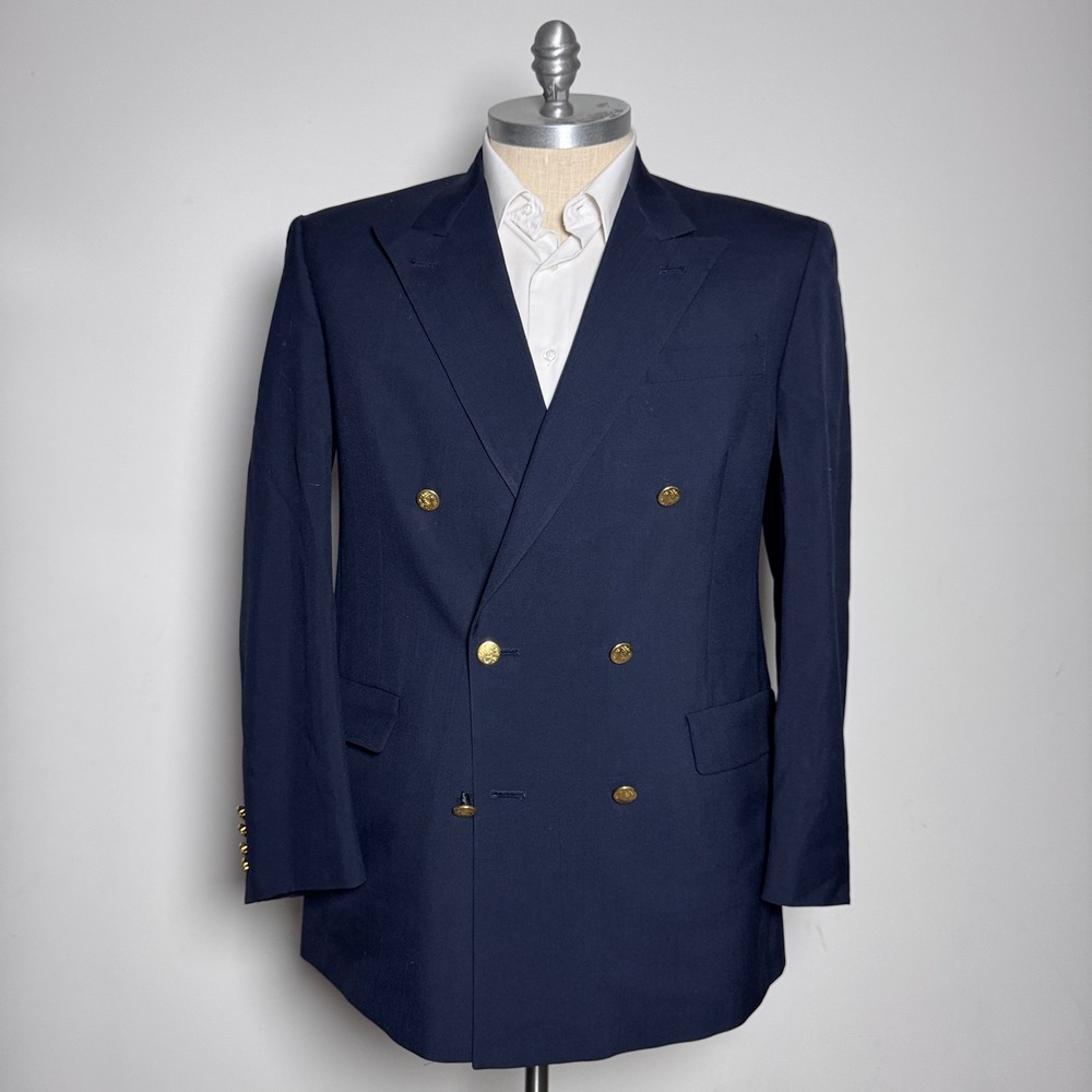 Hart Schaffner & Marx Blazer Mens 43L Navy Blue Solid Double Breasted Peak Lapel